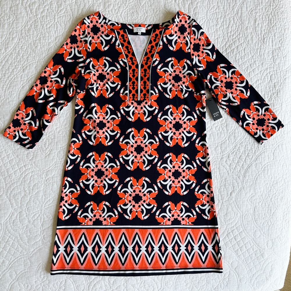Crown & Ivy Small Sheath Stretch Dress Toucans Geometric 3/4 Sleeve Navy Orange